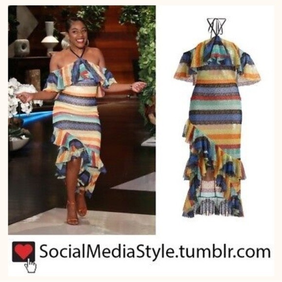 Alice + Olivia | Annabeth Sequin Embroidered Mesh Rainbow Striped Ruffle Dress - Picture 5 of 16